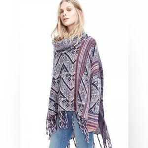 Free People Be The One Poncho Sweater Women's Sz M Cowl Neck Fringe Southwest